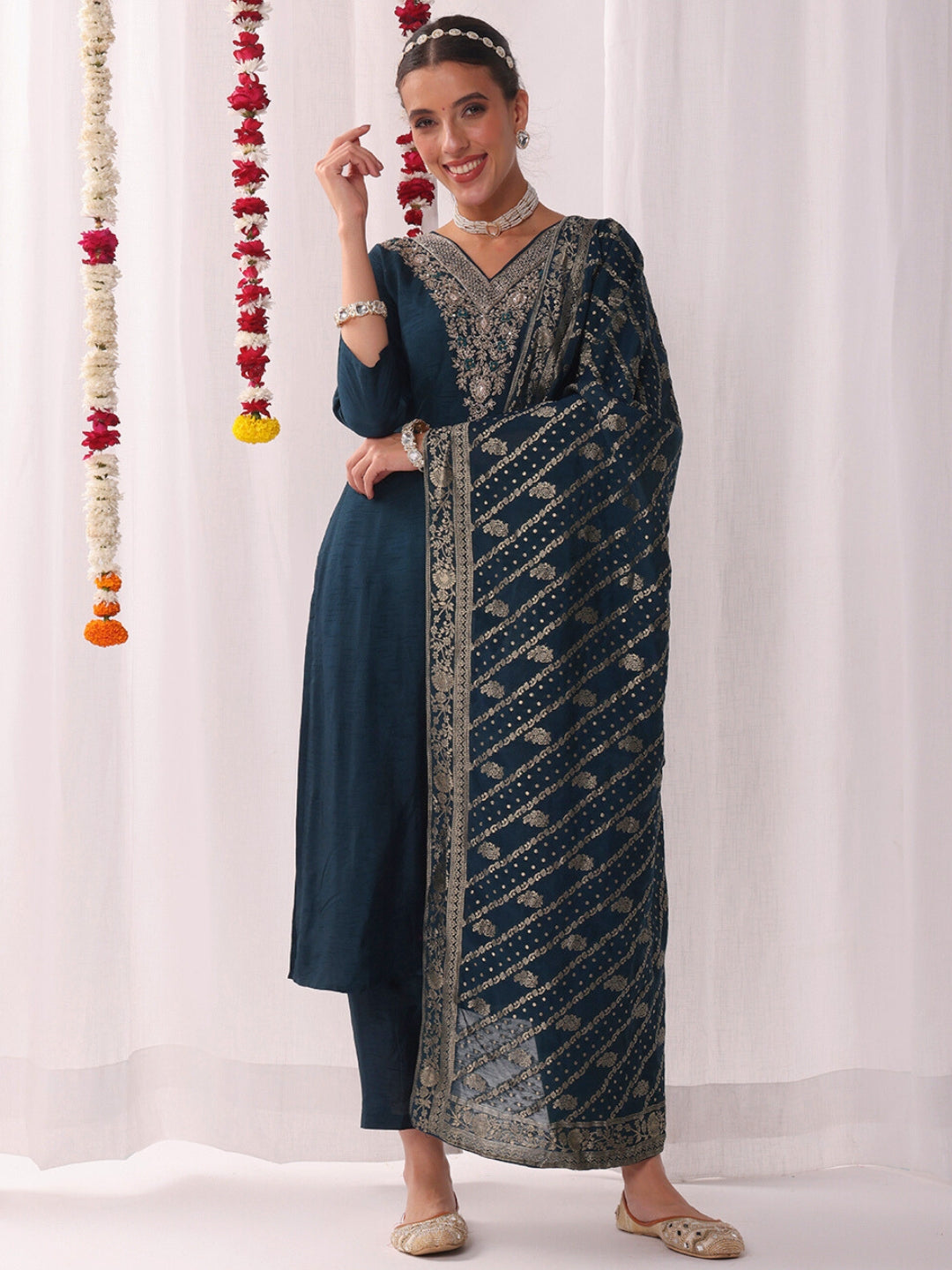 Chhabra 555 Aari and Resham Embroidered Kurta Set with Handloom Woven Leheriya Dupatta & Pants
