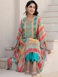 Chhabra 555 Teal Striped Kaftan Set with Pearl Embellished Tassles & Tropical Digital Print