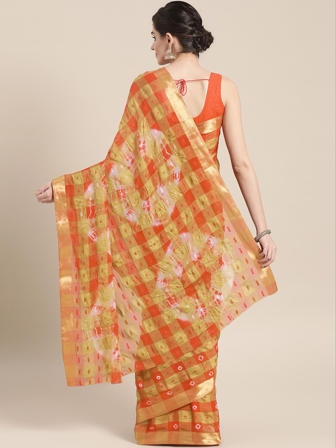 Chiffon Checked Saree with Bandhej print, Resham weaving and Gold Zari border