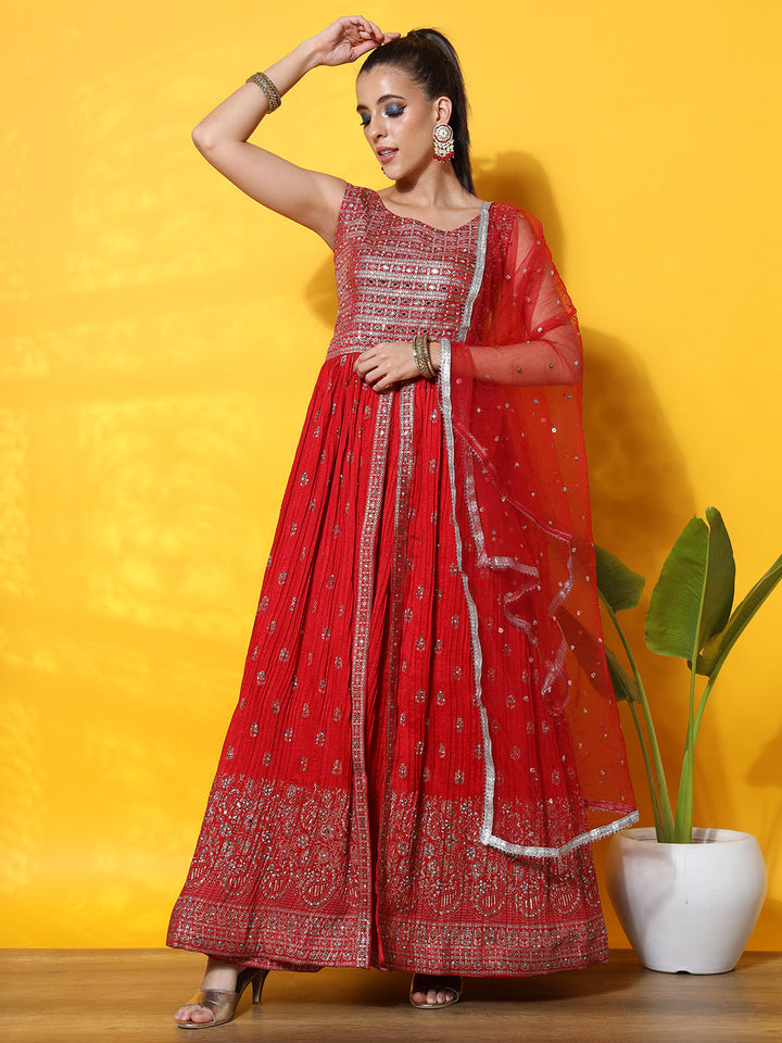 Foil Print Jacket style Front Slit Kurta with Flared Pleated Lehenga