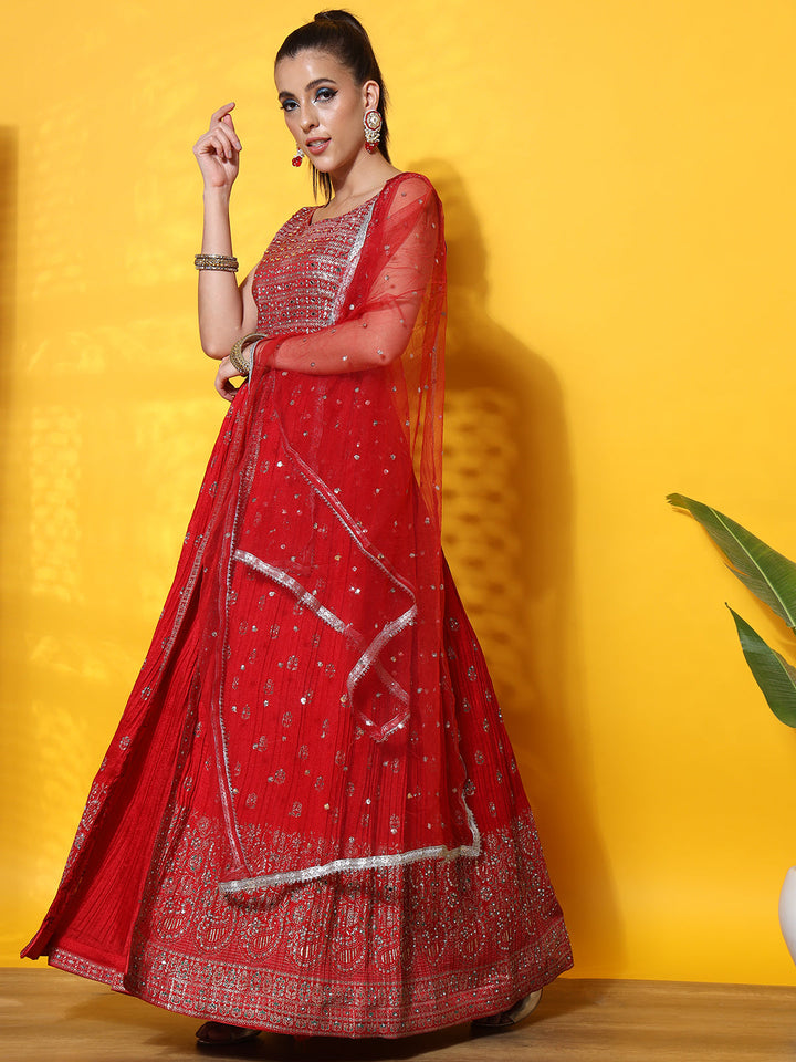 Foil Print Jacket style Front Slit Kurta with Flared Pleated Lehenga