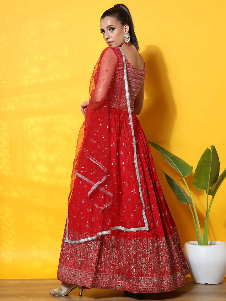 Foil Print Jacket style Front Slit Kurta with Flared Pleated Lehenga