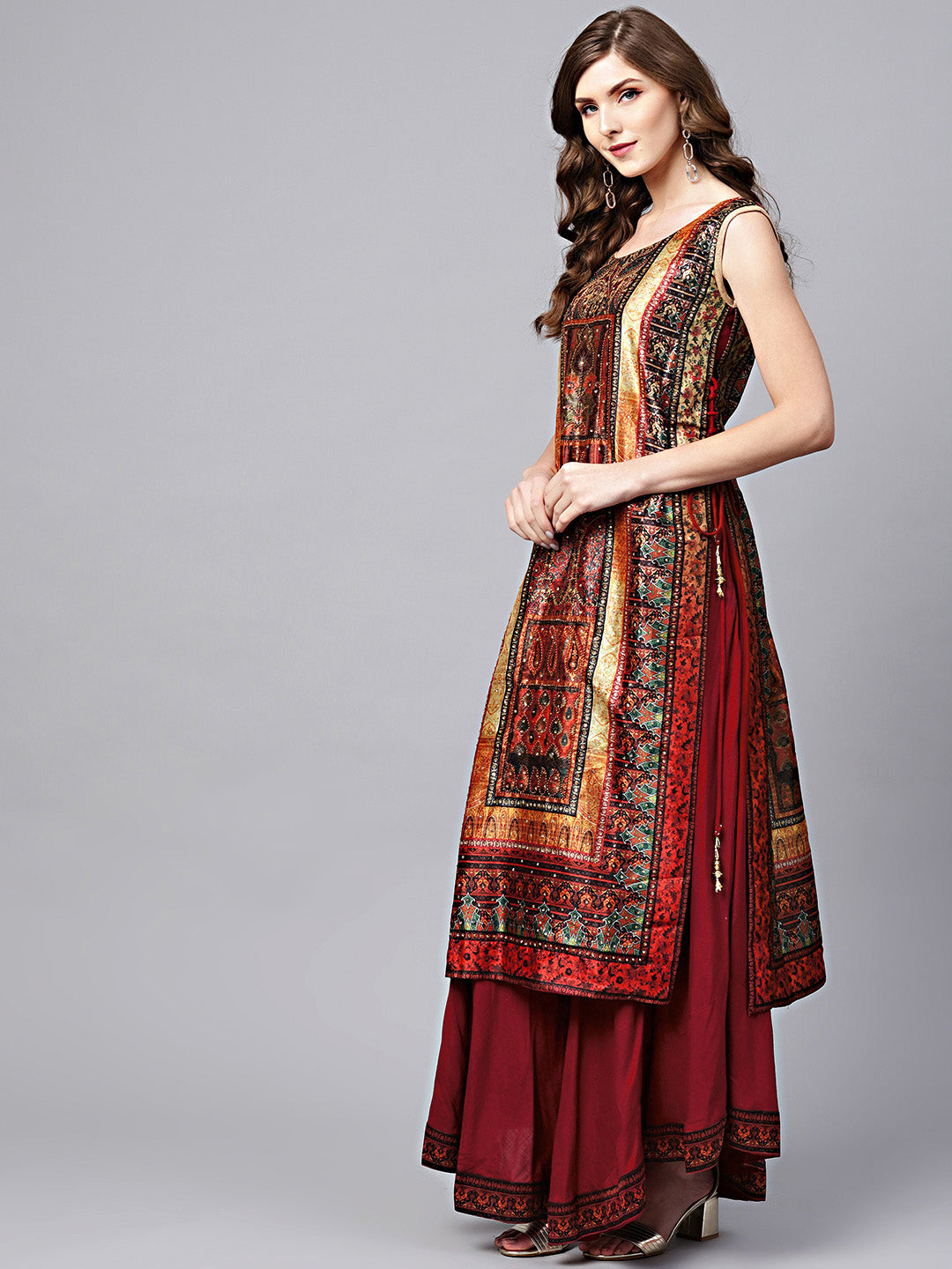 Tribal Pattern Layered Dress with Crystal Embellishments
