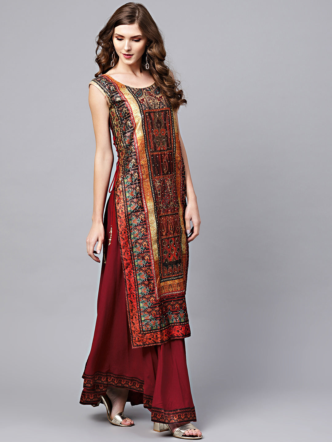 Tribal Pattern Layered Dress with Crystal Embellishments