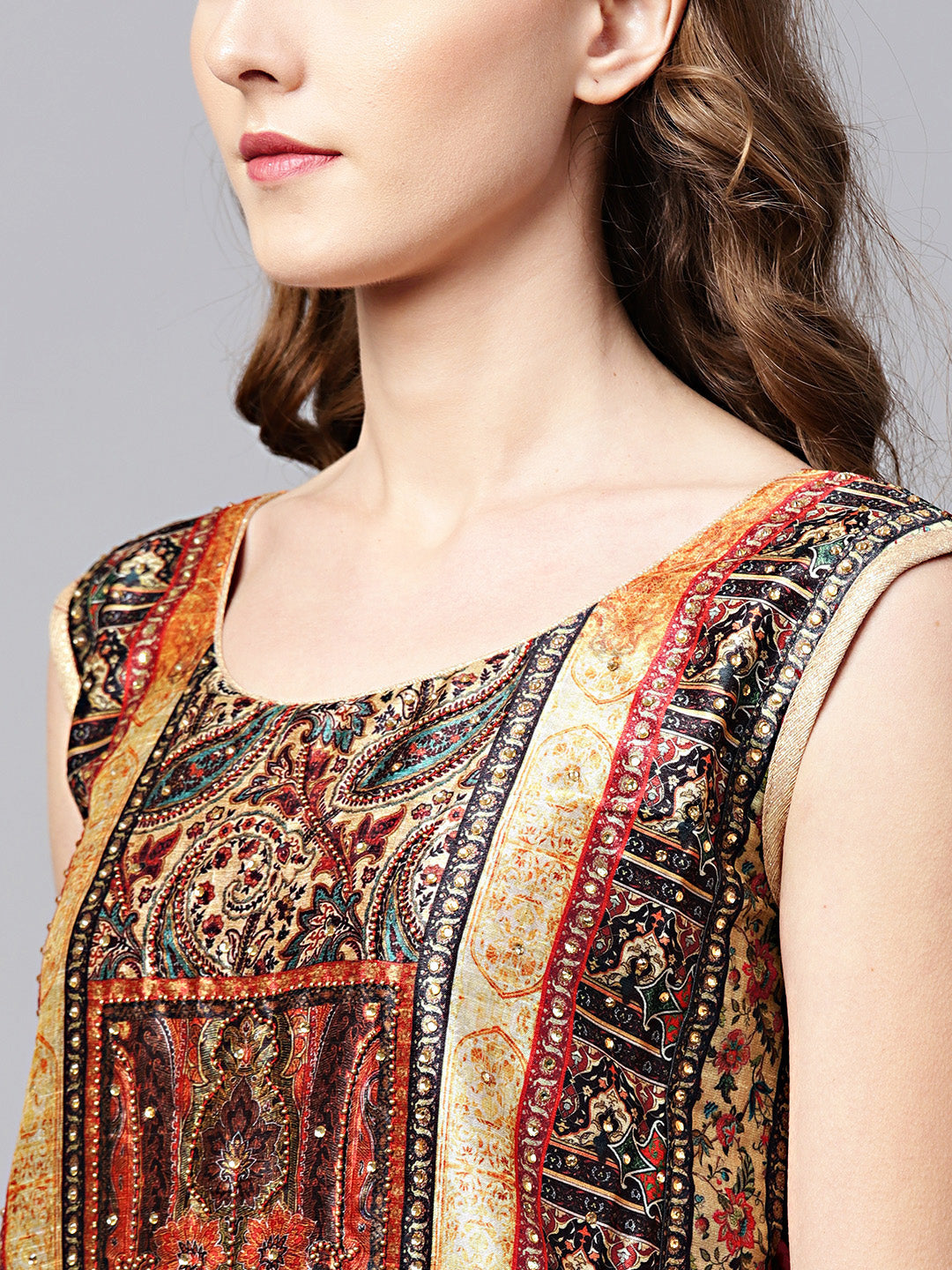 Tribal Pattern Layered Dress with Crystal Embellishments