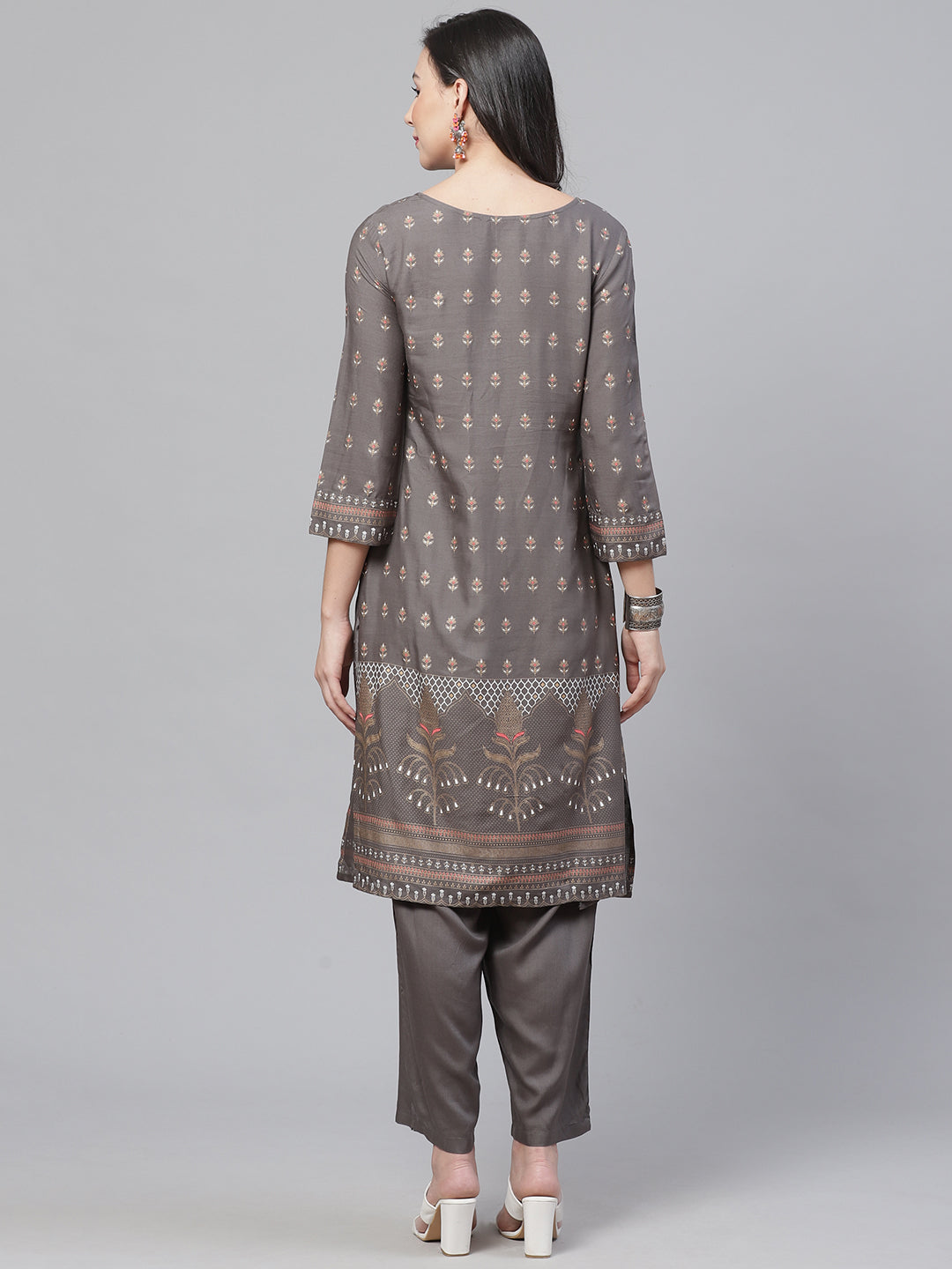 Made to Measure Charcoal Grey Kurta Pants Set With Ethnic Gold Block Printing