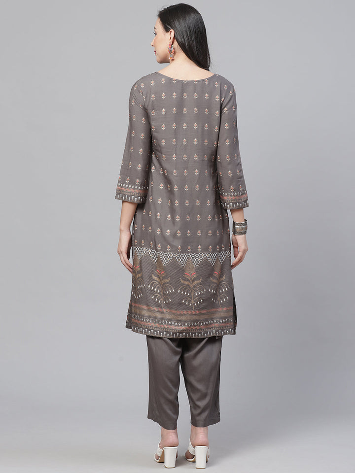 Made to Measure Charcoal Grey Kurta Pants Set With Ethnic Gold Block Printing