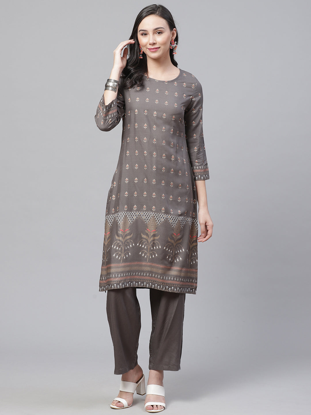 Made to Measure Charcoal Grey Kurta Pants Set With Ethnic Gold Block Printing