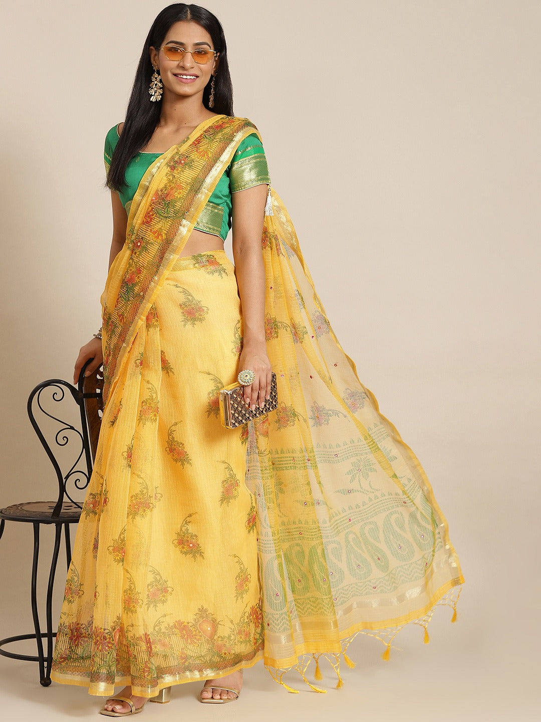 Pastel Yellow Floral Figital Printed Kota Mirror Work Chanderi Saree