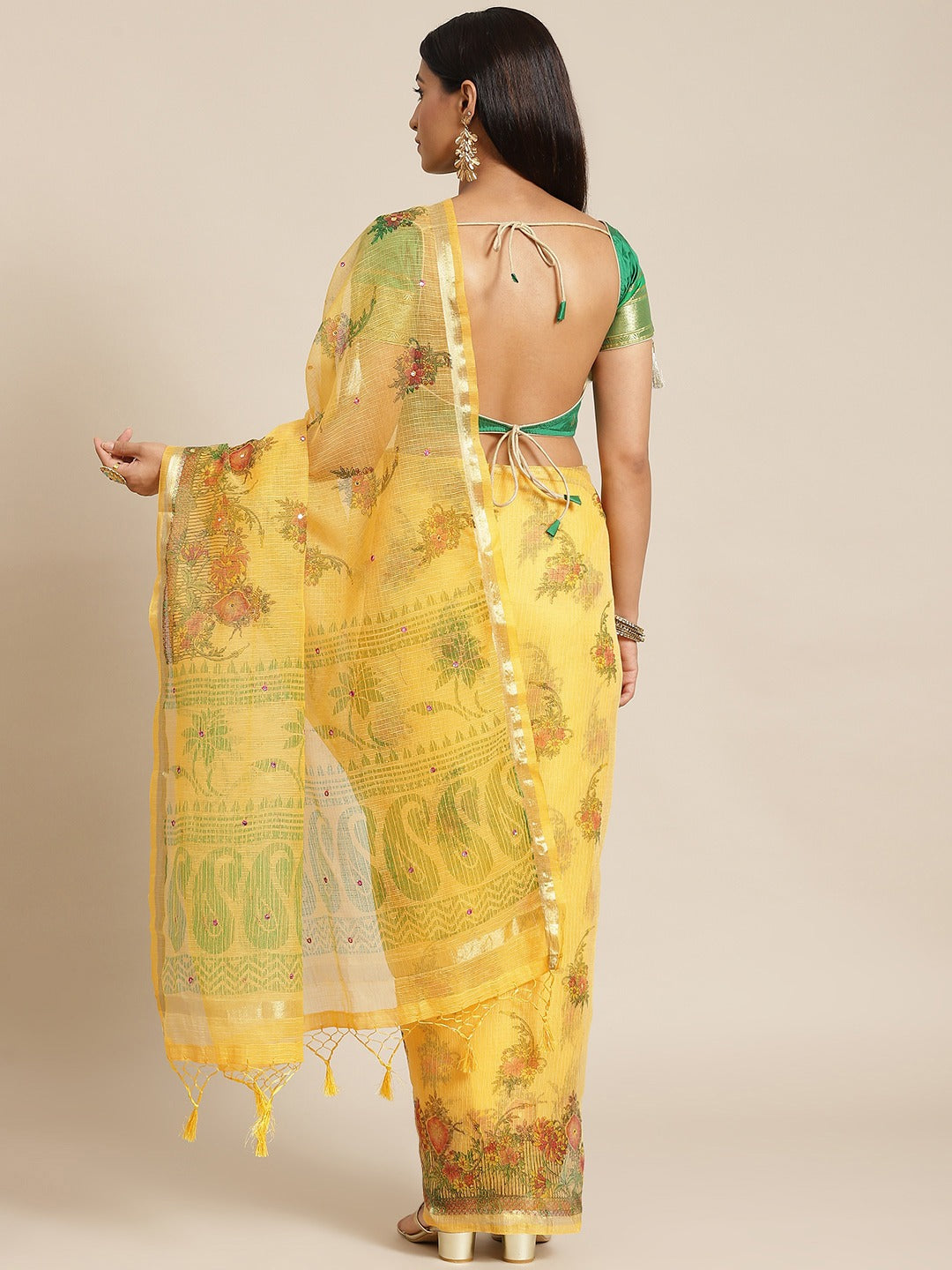 Pastel Yellow Floral Figital Printed Kota Mirror Work Chanderi Saree