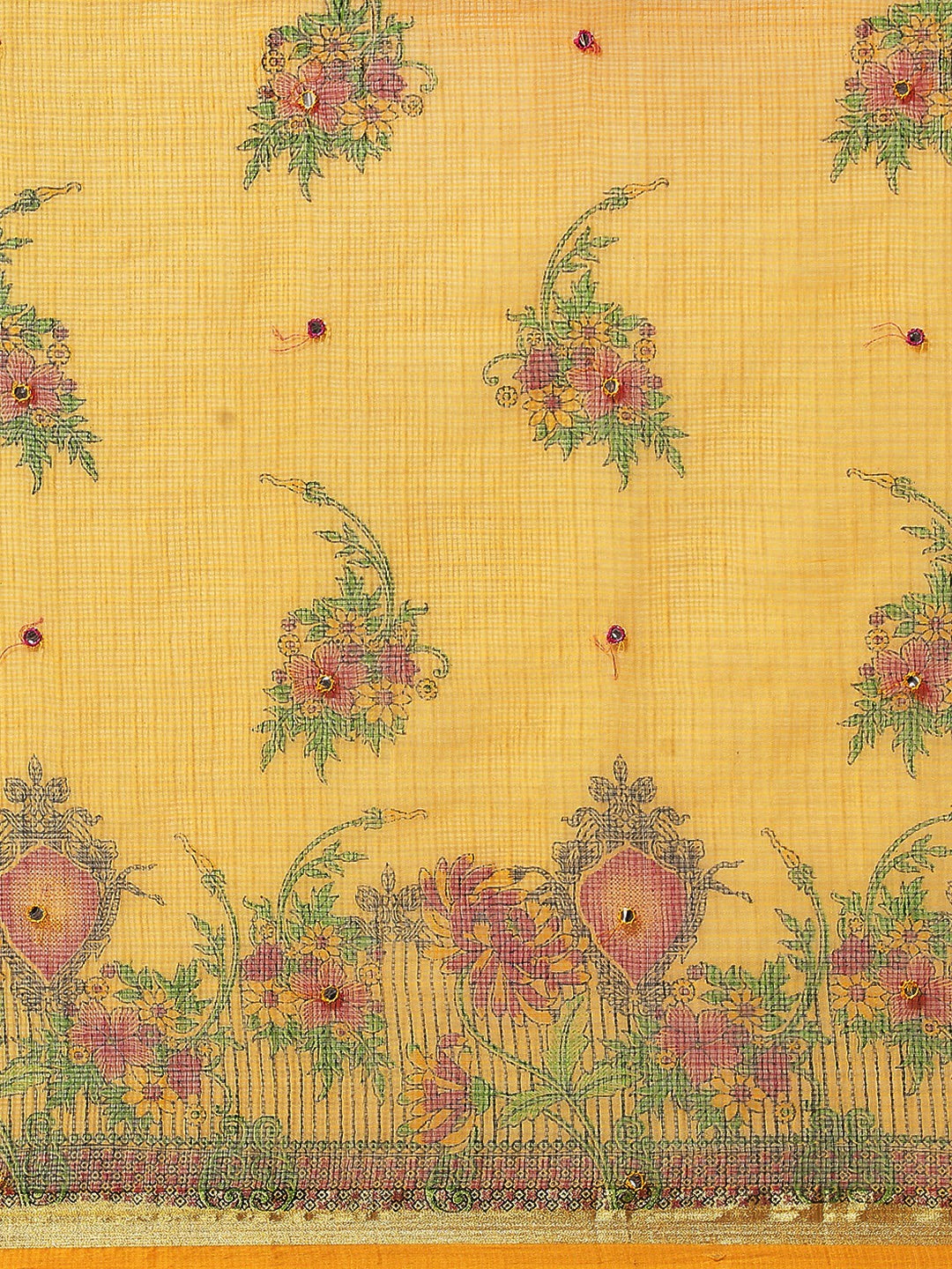 Pastel Yellow Floral Figital Printed Kota Mirror Work Chanderi Saree