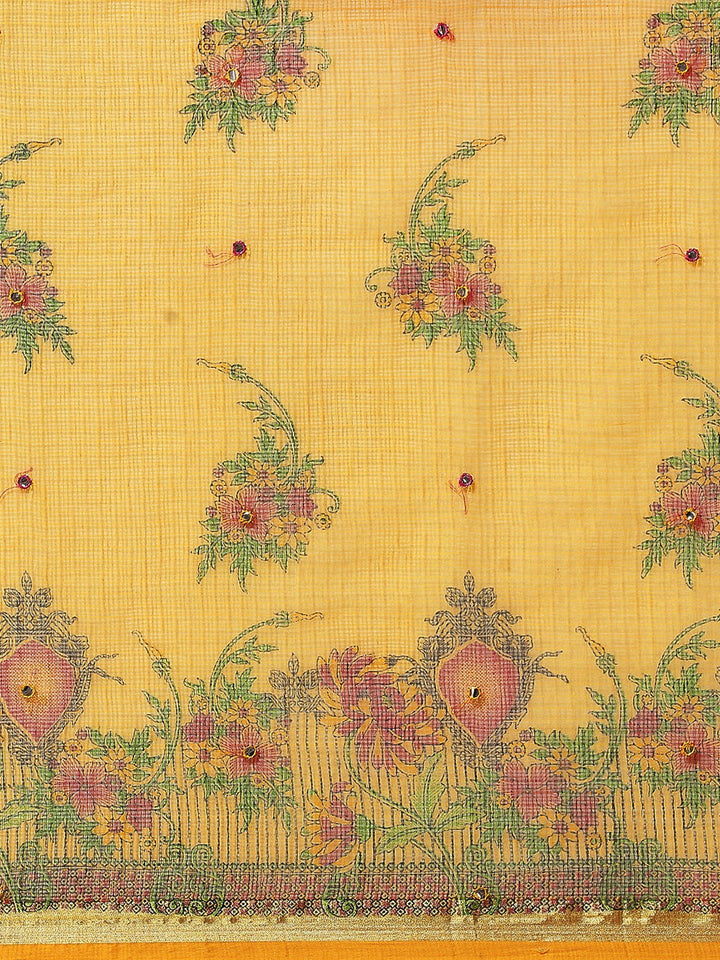 Pastel Yellow Floral Figital Printed Kota Mirror Work Chanderi Saree