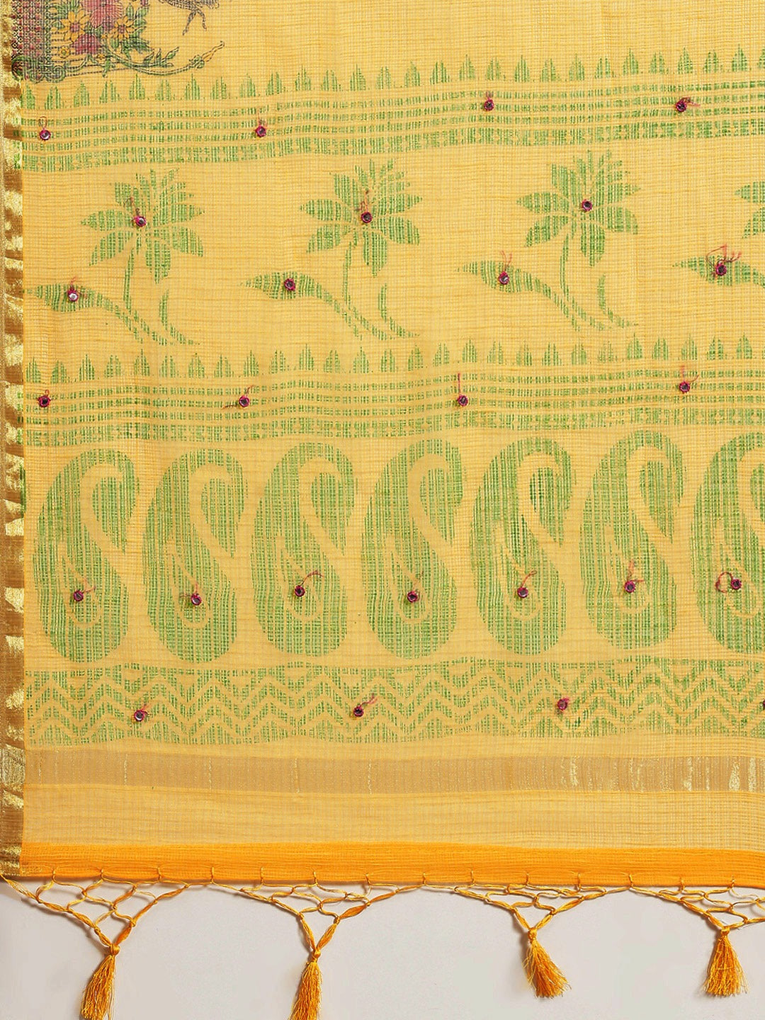 Pastel Yellow Floral Figital Printed Kota Mirror Work Chanderi Saree