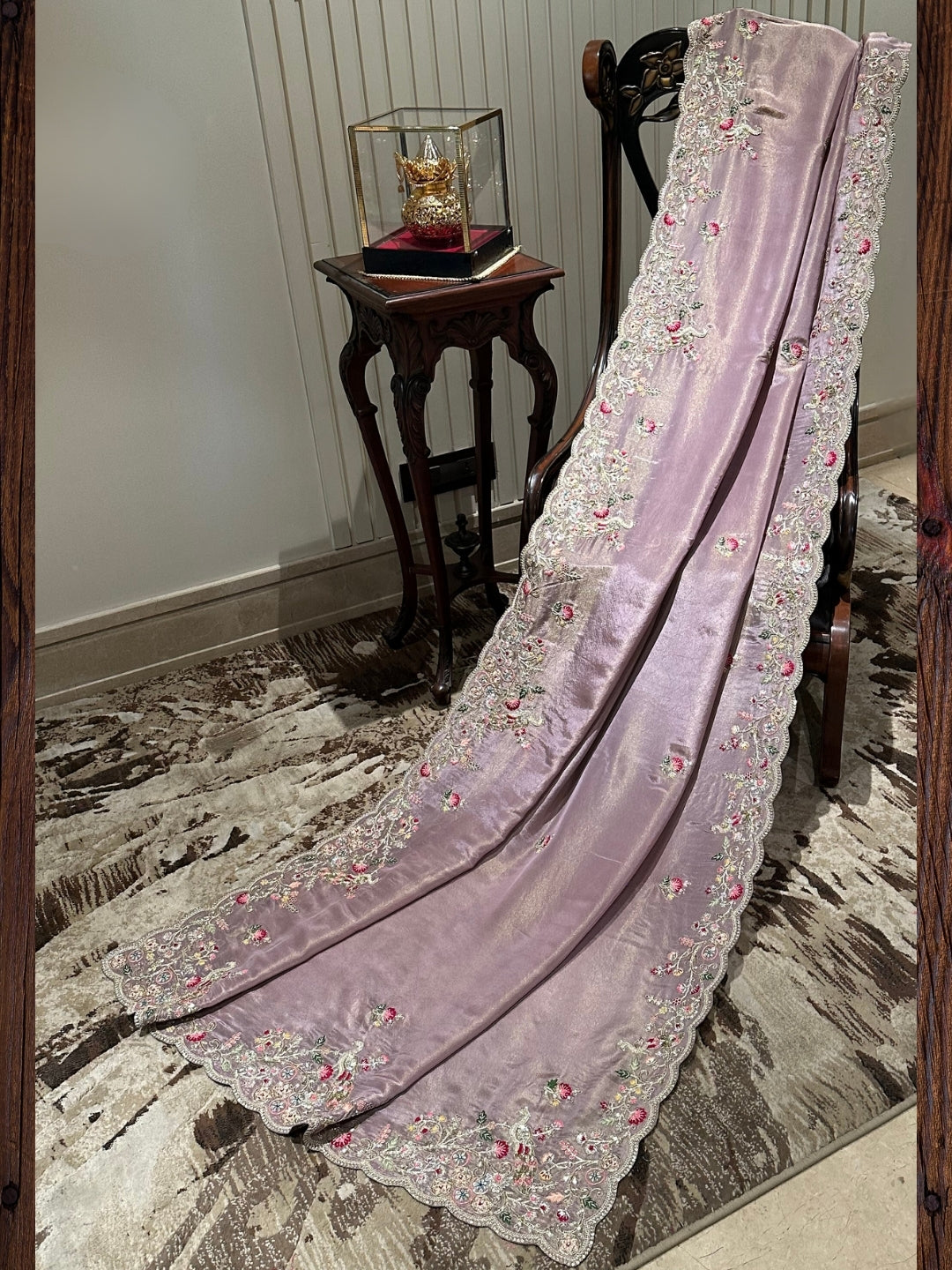 Charming Lavender Organza Saree with Intricate Lace Work