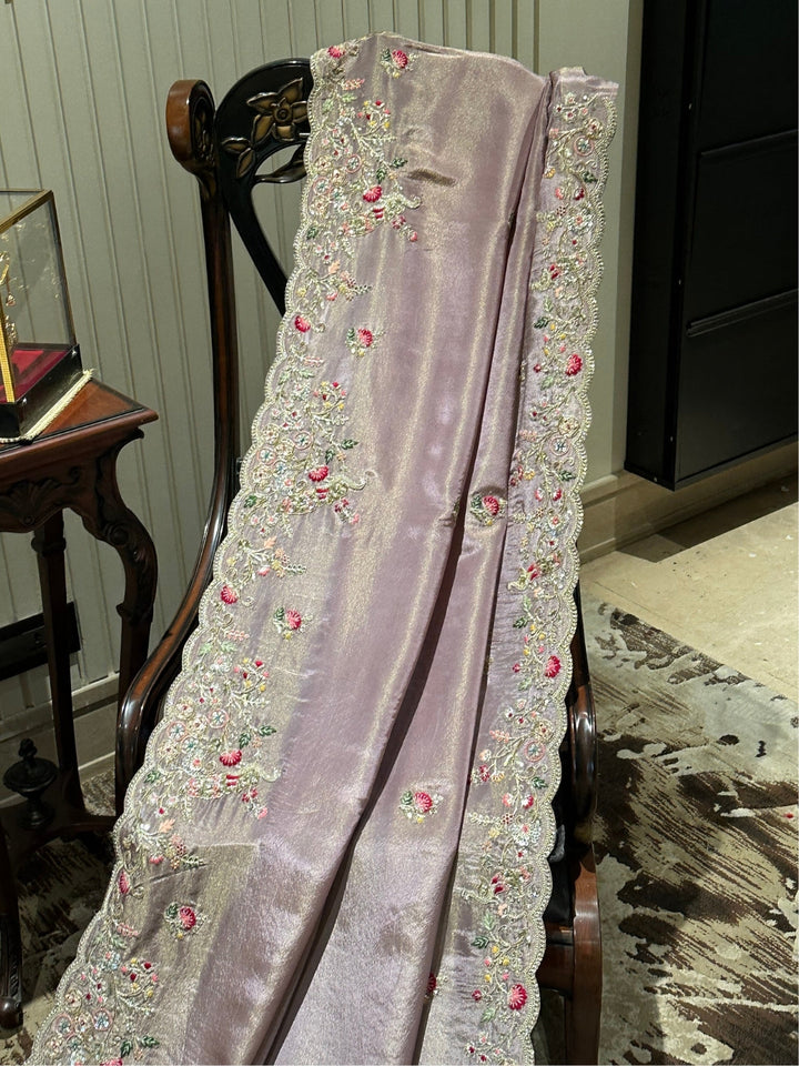 Charming Lavender Organza Saree with Intricate Lace Work