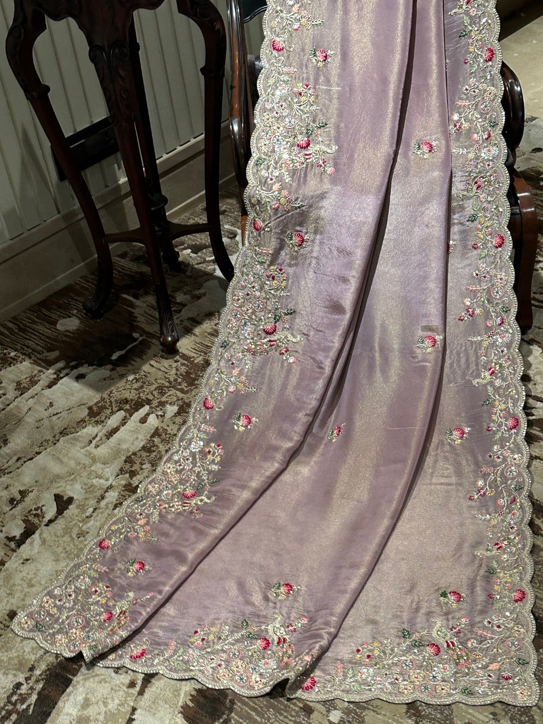 Charming Lavender Organza Saree with Intricate Lace Work