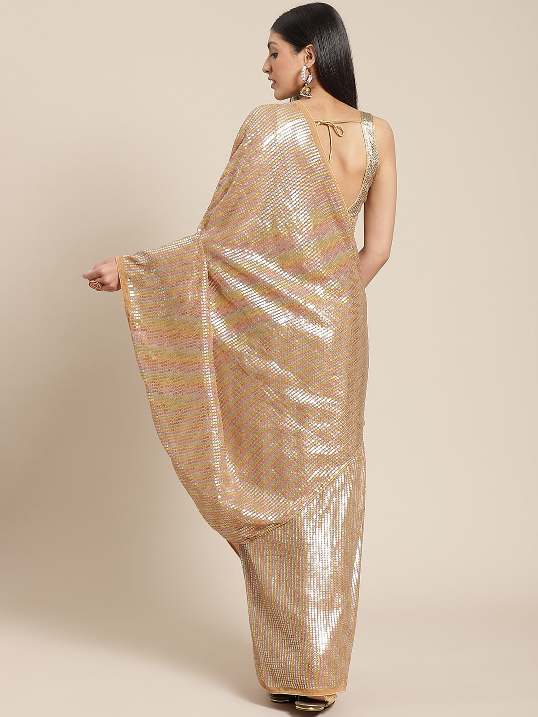 Beige Golden Georgette Stylish Saree with Sequence All over Work