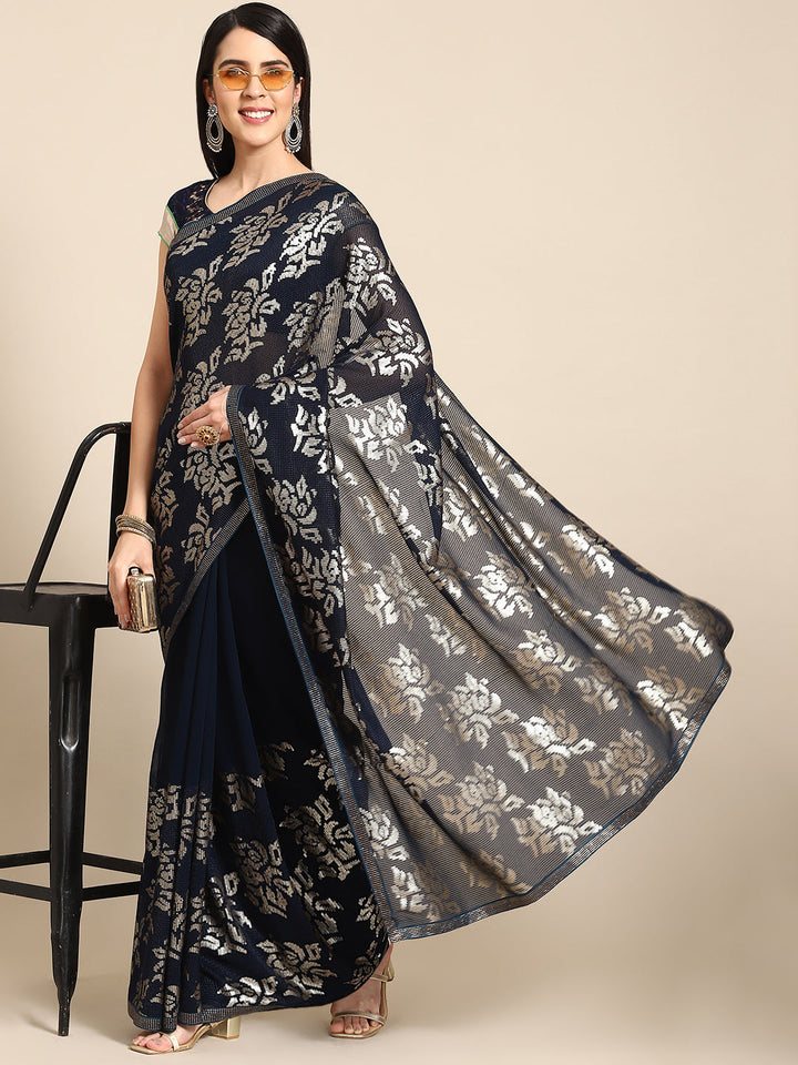Navy Blue Bling Cocktail Sequin Embellished Georgette Saree
