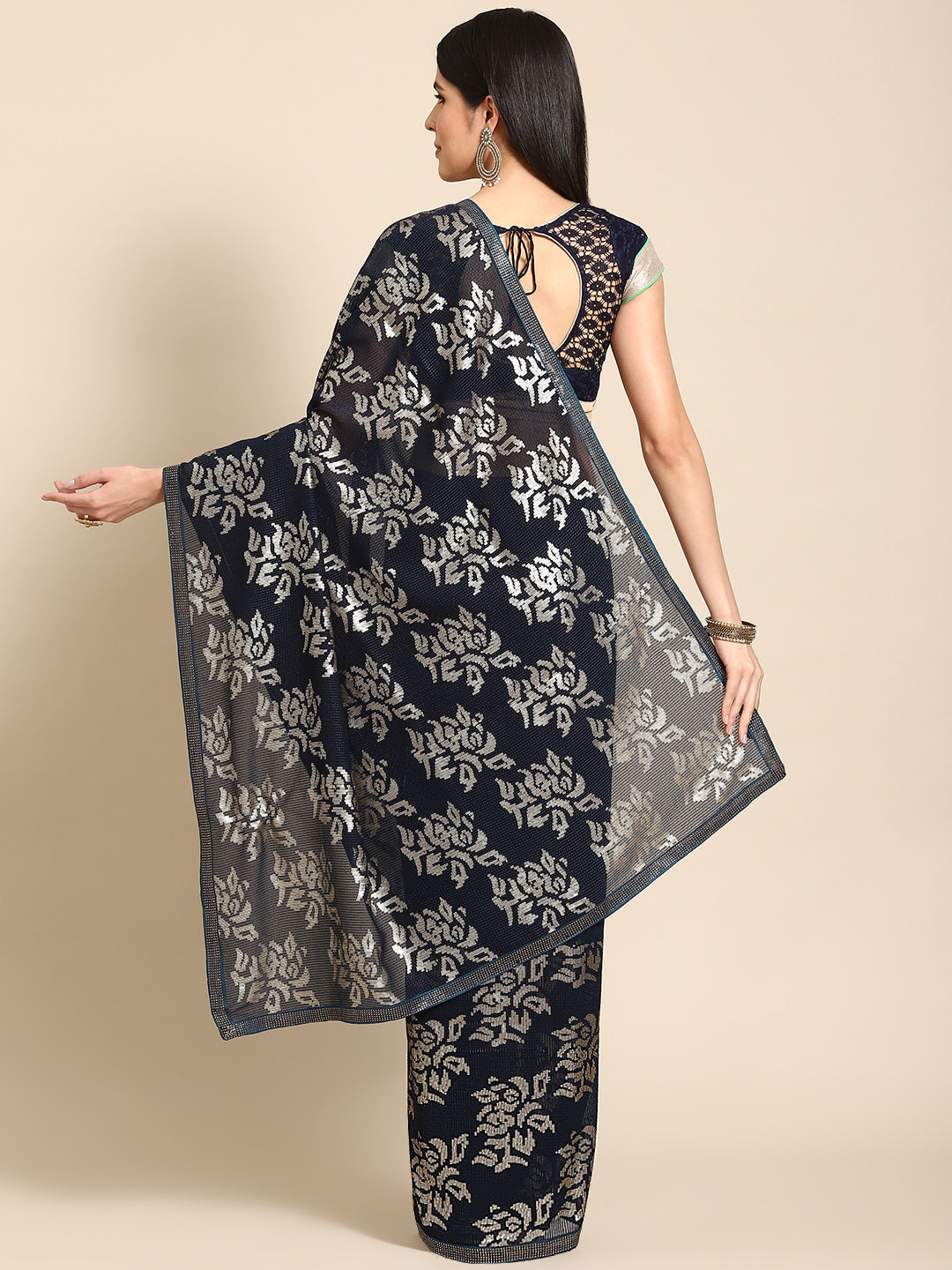 Navy Blue Bling Cocktail Sequin Embellished Georgette Saree