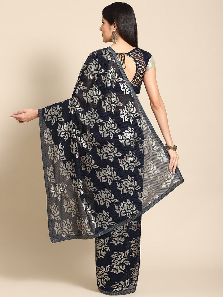 Navy Blue Bling Cocktail Sequin Embellished Georgette Saree