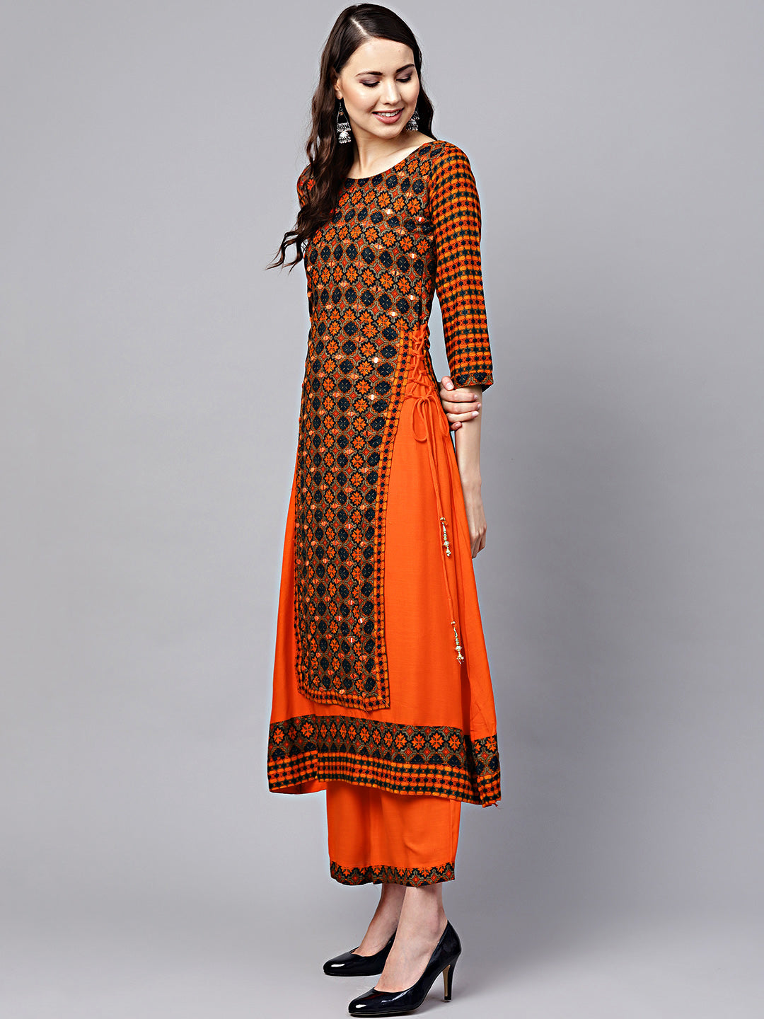 Layered Kurta Set with Mirror Embellishments and Tassles