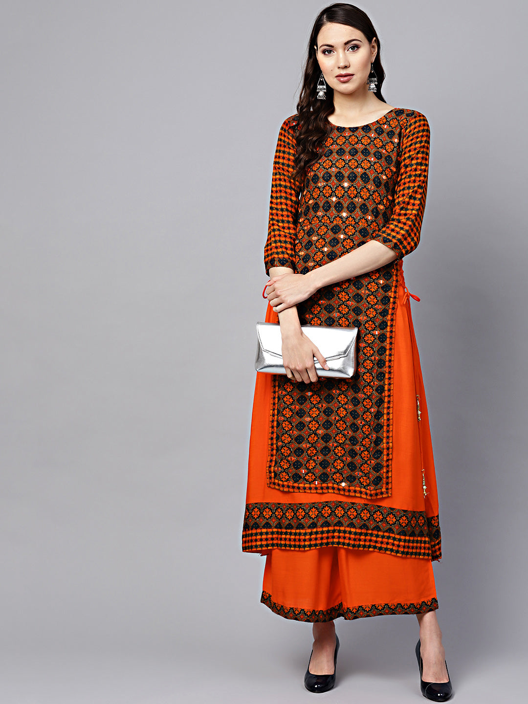Layered Kurta Set with Mirror Embellishments and Tassles