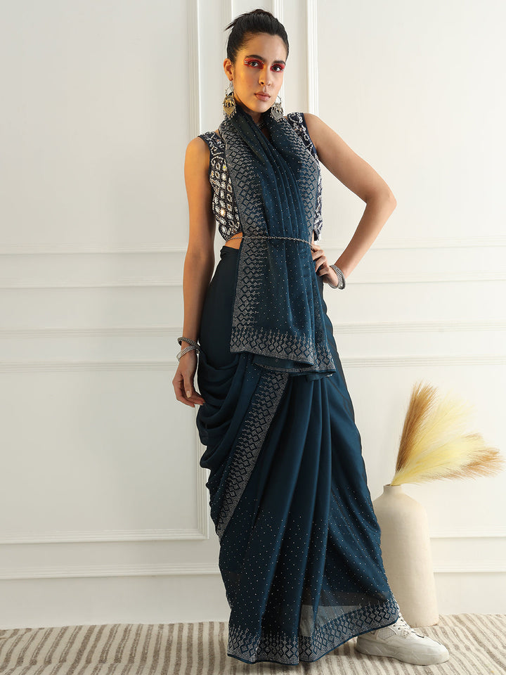 Georgette Cocktail Party Wear Saree with Crystal Embellishments