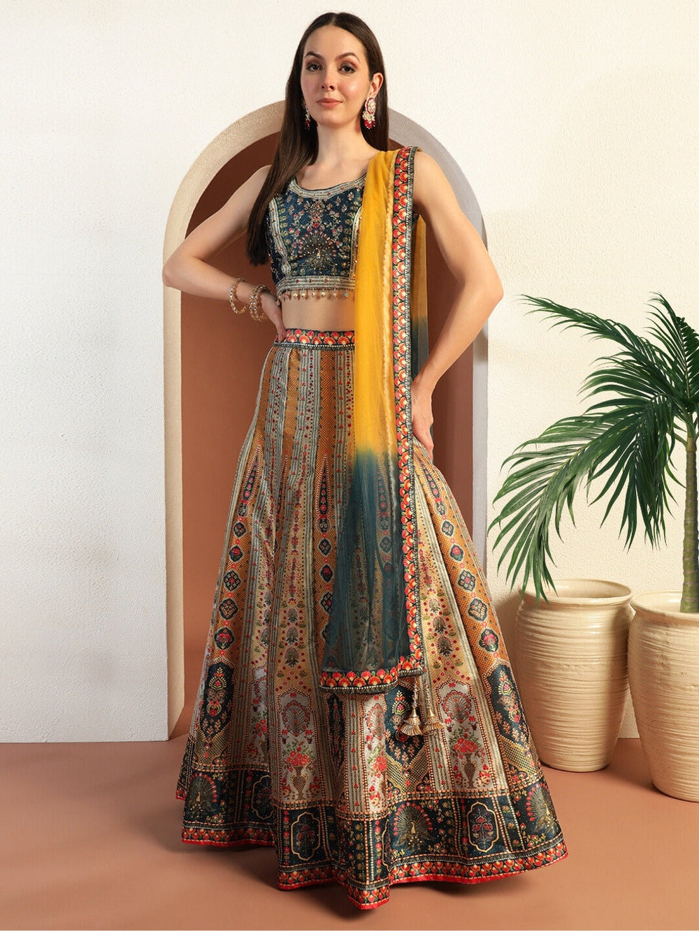 Chhabra 555 Digital Printed Kalidar Lehenga Set with Crystal Embellishments & Colorful Tassels