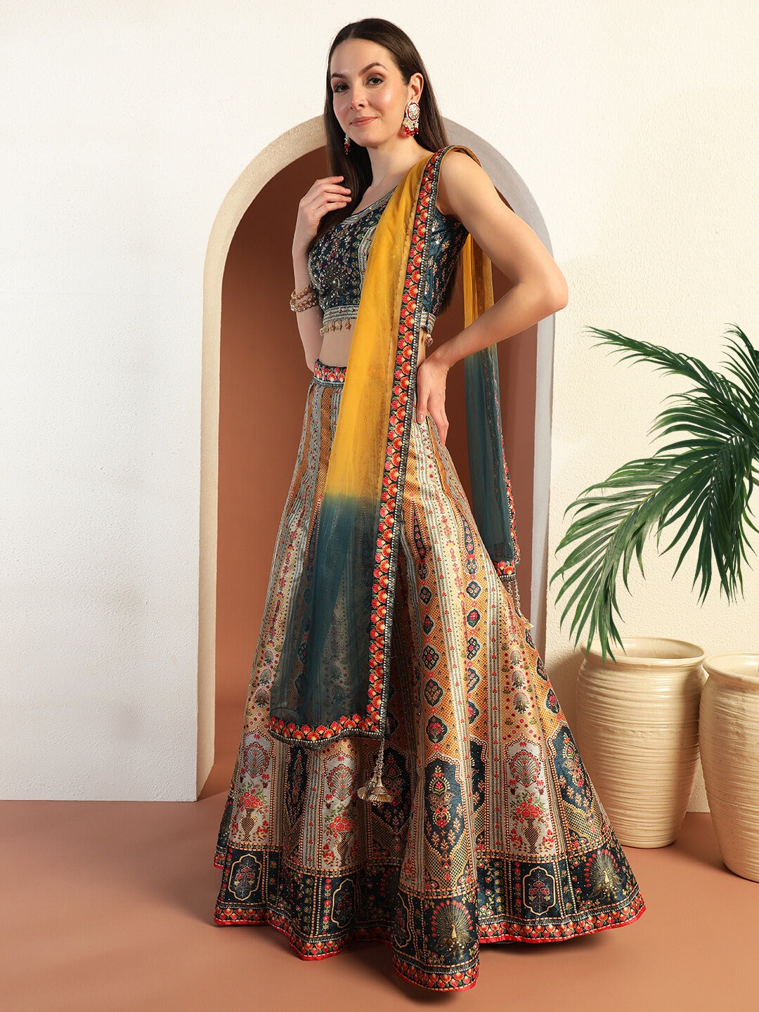 Chhabra 555 Digital Printed Kalidar Lehenga Set with Crystal Embellishments & Colorful Tassels