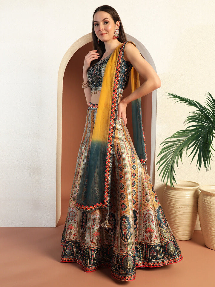 Chhabra 555 Digital Printed Kalidar Lehenga Set with Crystal Embellishments & Colorful Tassels