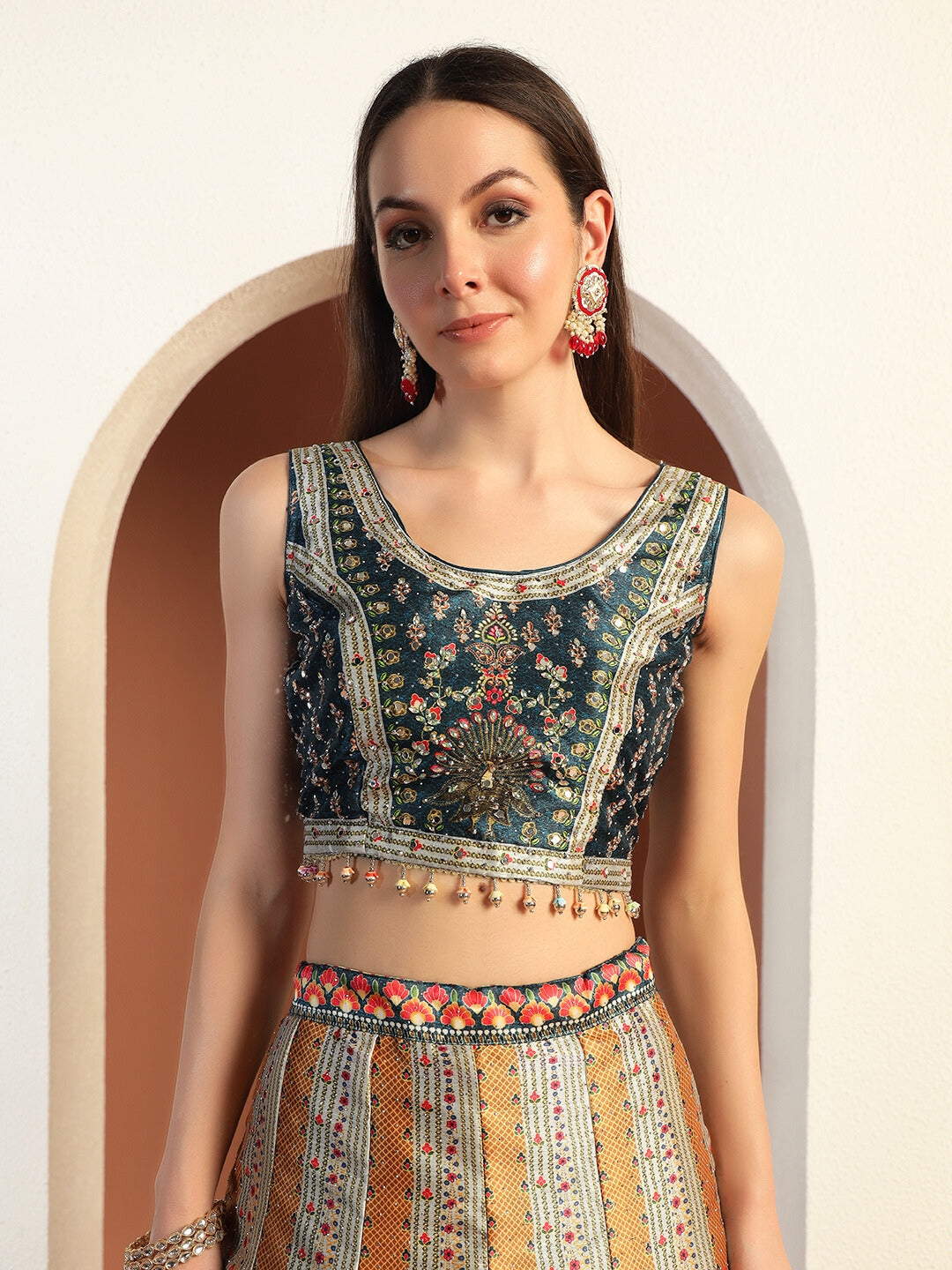Chhabra 555 Digital Printed Kalidar Lehenga Set with Crystal Embellishments & Colorful Tassels