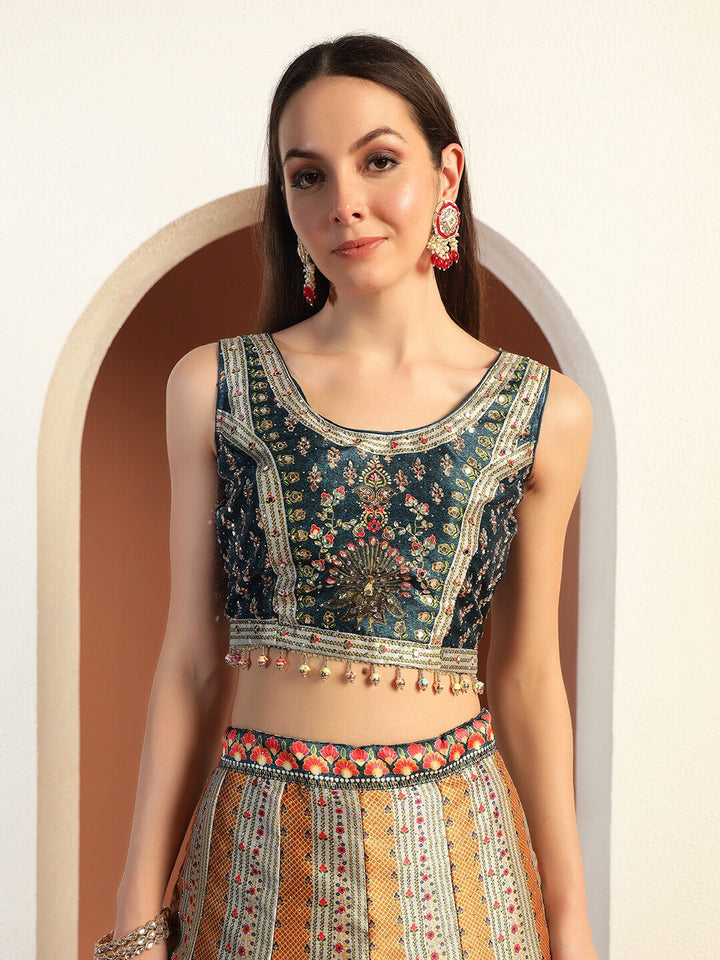 Chhabra 555 Digital Printed Kalidar Lehenga Set with Crystal Embellishments & Colorful Tassels