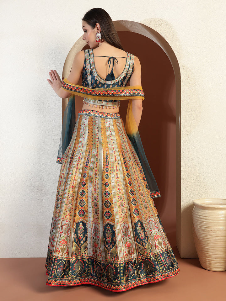 Chhabra 555 Digital Printed Kalidar Lehenga Set with Crystal Embellishments & Colorful Tassels