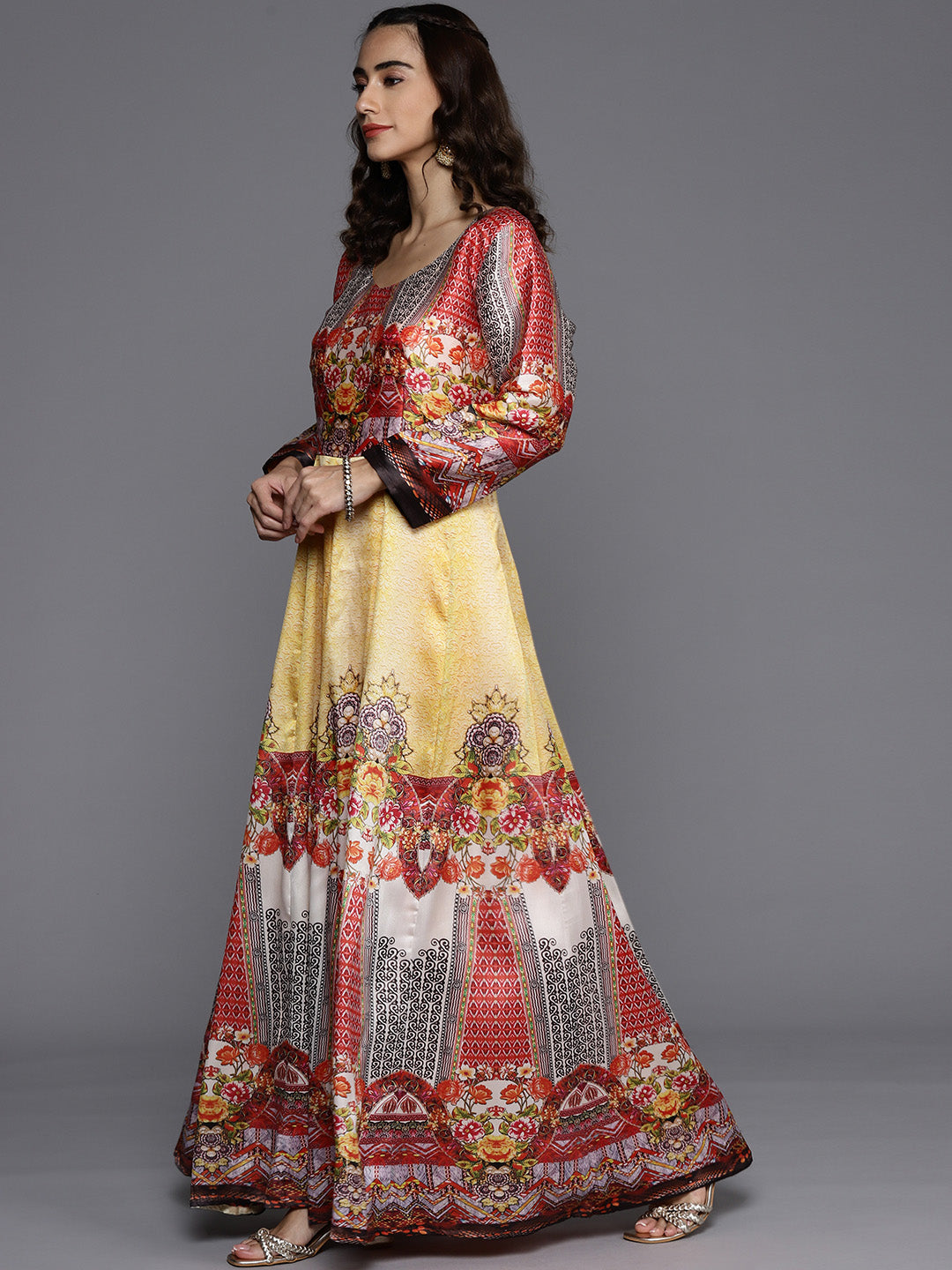 Made to Measure Yellow Anarkali Bohemian Printed Dress with Net Red Dupattta