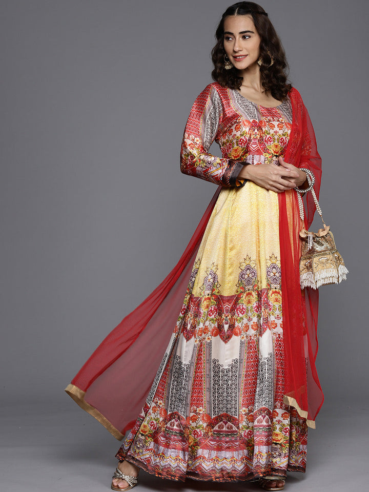 Made to Measure Yellow Anarkali Bohemian Printed Dress with Net Red Dupattta