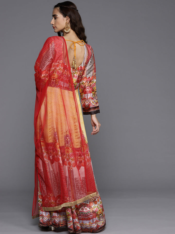 Made to Measure Yellow Anarkali Bohemian Printed Dress with Net Red Dupattta