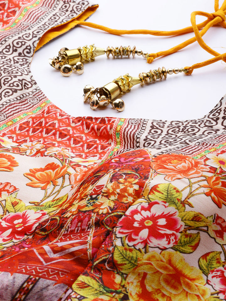 Made to Measure Yellow Anarkali Bohemian Printed Dress with Net Red Dupattta