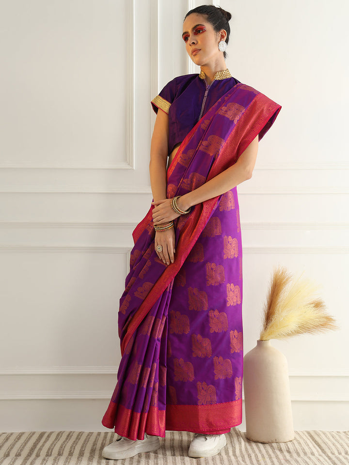 Traditional South Silk Saree with Mughal inspired Zari Woven Motifs
