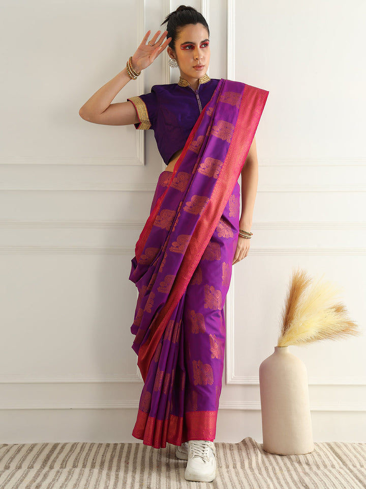 Traditional South Silk Saree with Mughal inspired Zari Woven Motifs