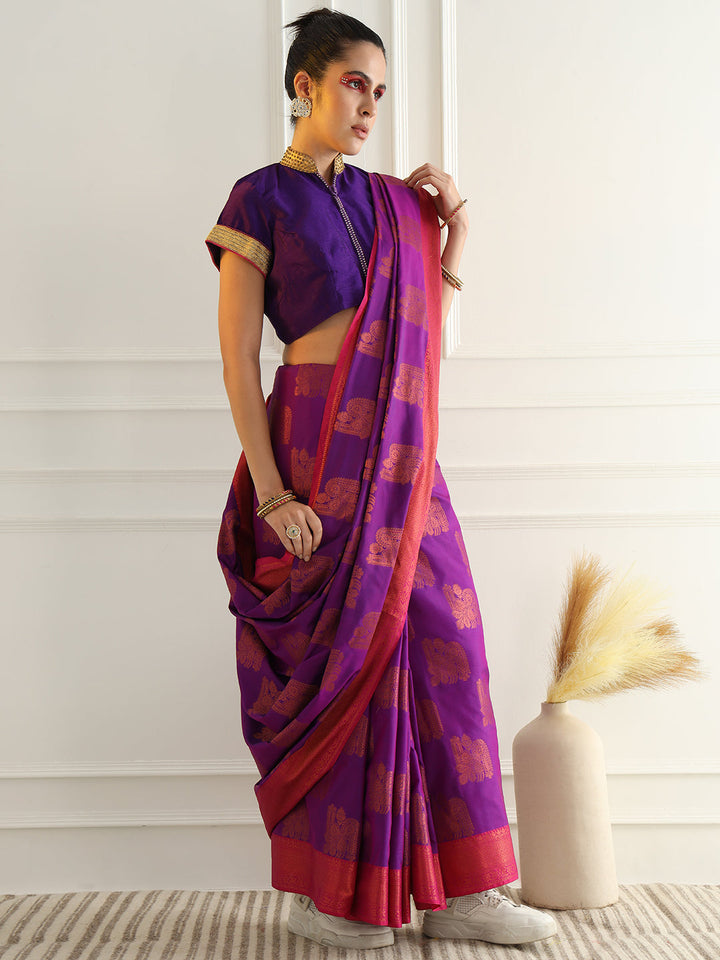Traditional South Silk Saree with Mughal inspired Zari Woven Motifs