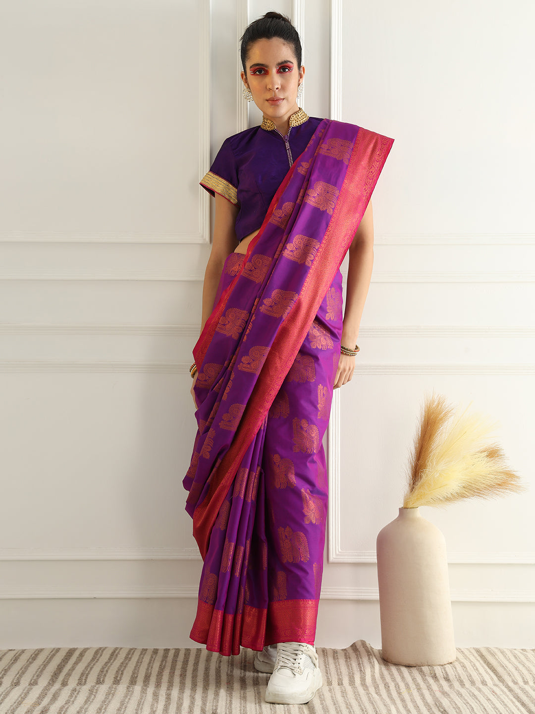 Traditional South Silk Saree with Mughal inspired Zari Woven Motifs