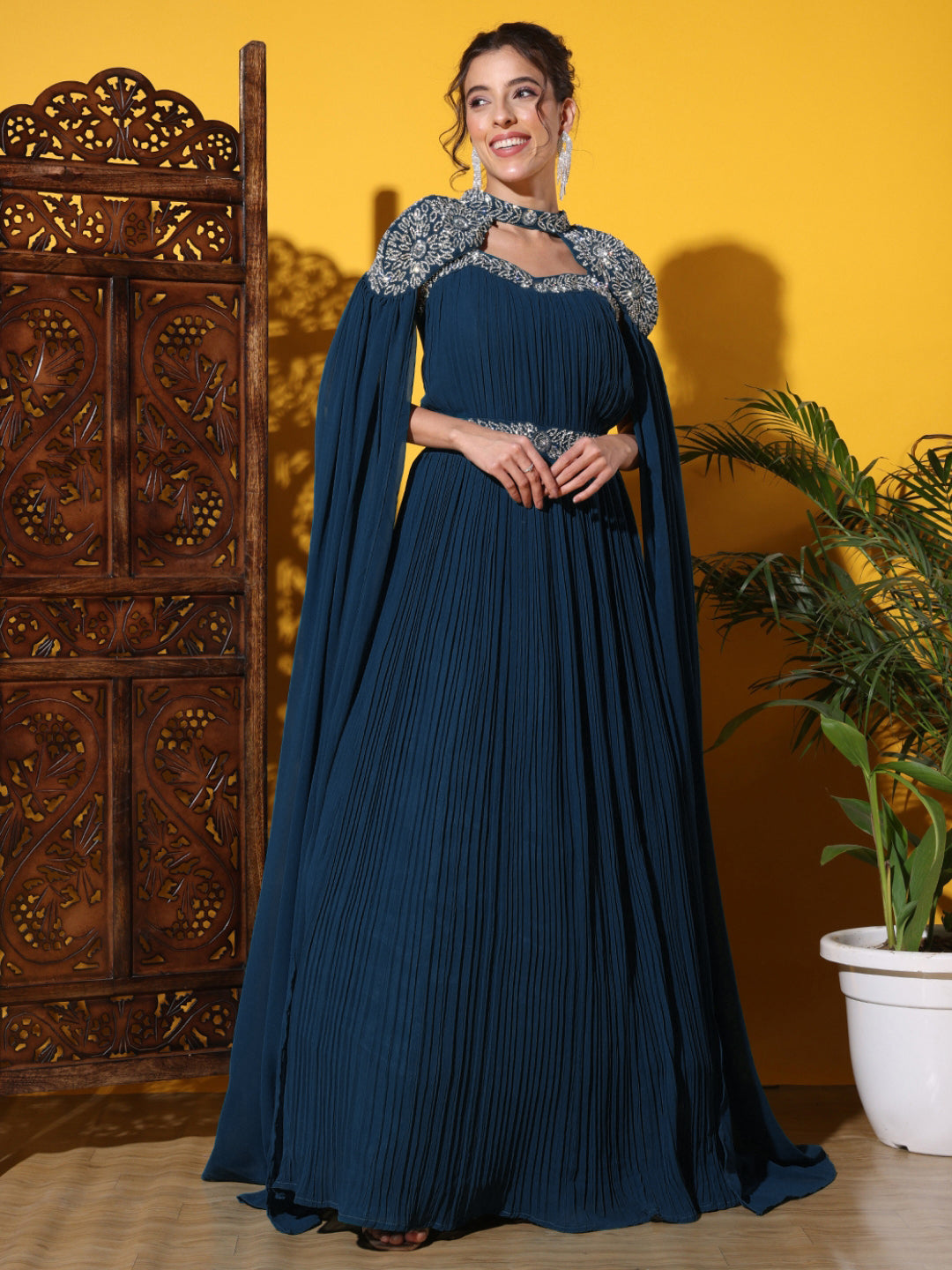 Zircon Embellished Cocktail gown with Accordian Pleats & Removable Waterfall sleeves