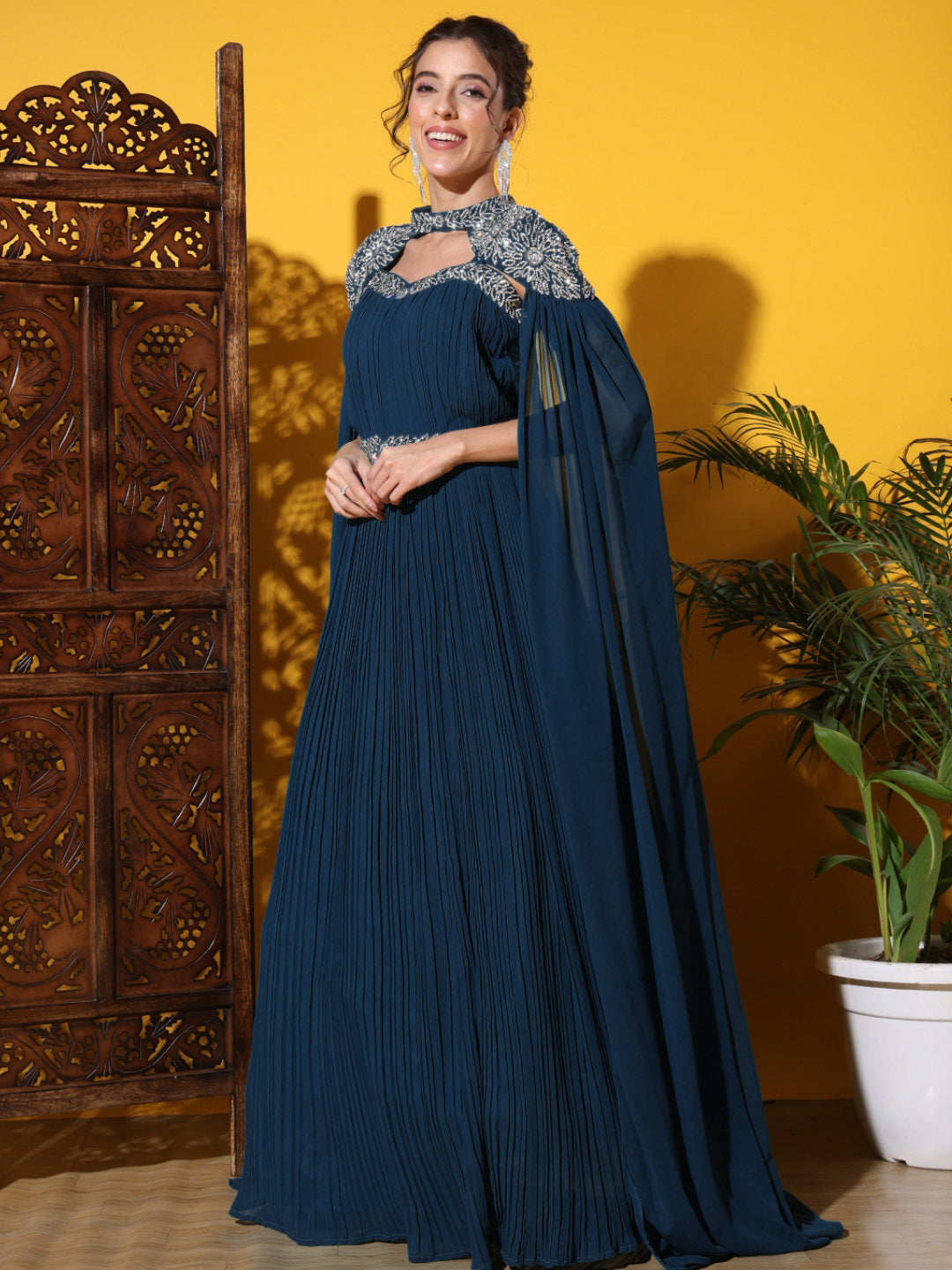 Zircon Embellished Cocktail gown with Accordian Pleats & Removable Waterfall sleeves