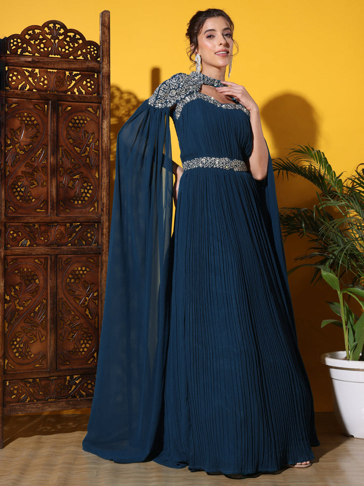 Zircon Embellished Cocktail gown with Accordian Pleats & Removable Waterfall sleeves