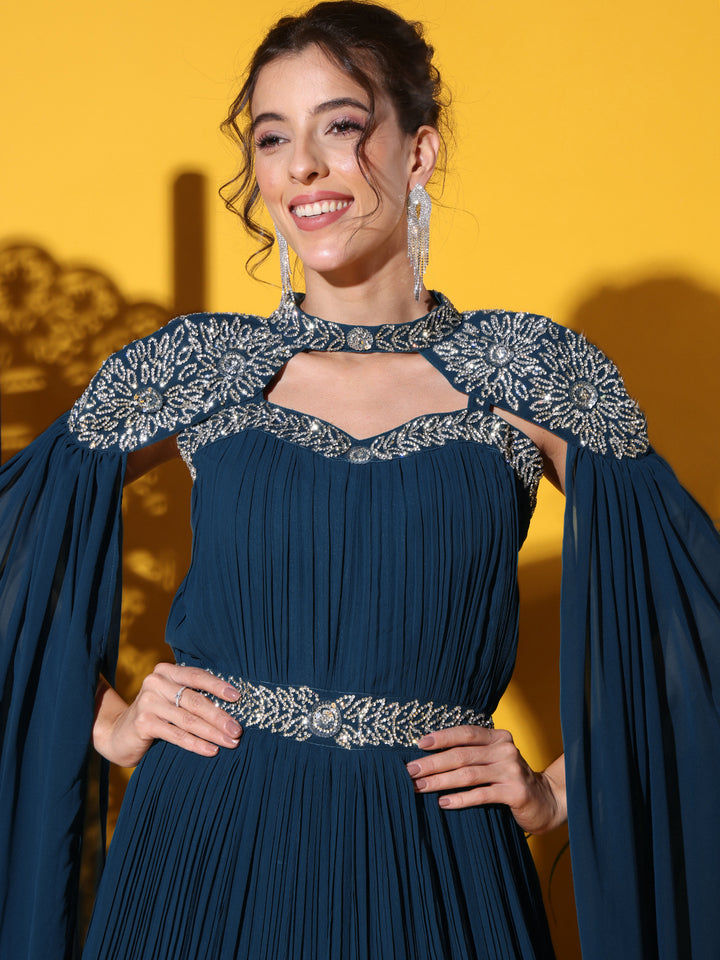 Zircon Embellished Cocktail gown with Accordian Pleats & Removable Waterfall sleeves