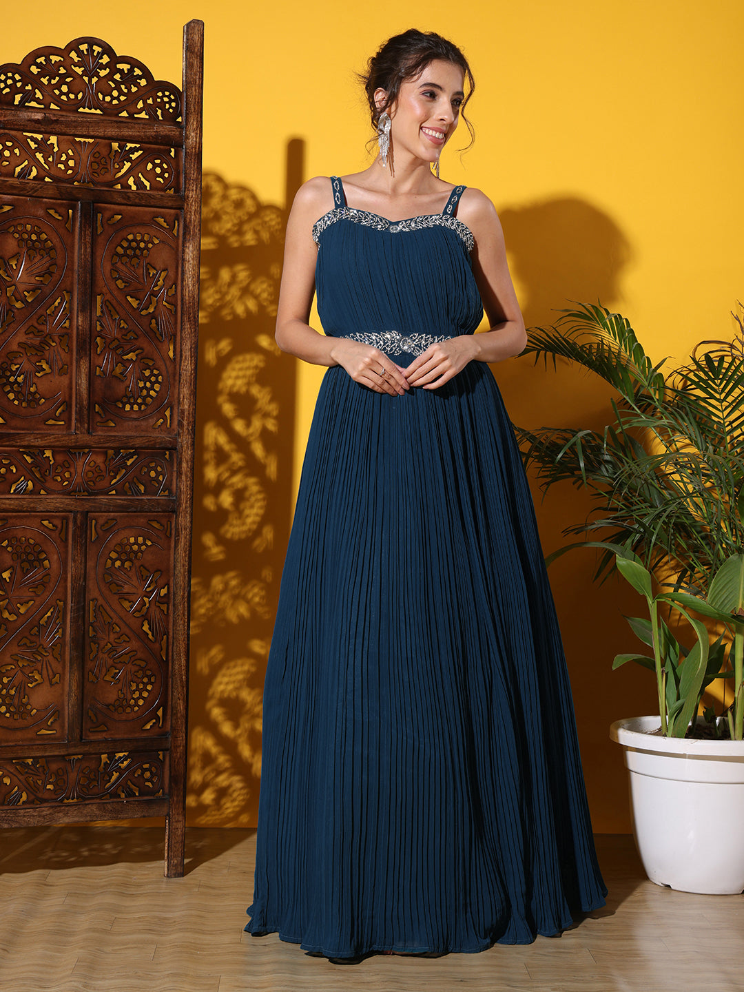 Zircon Embellished Cocktail gown with Accordian Pleats & Removable Waterfall sleeves