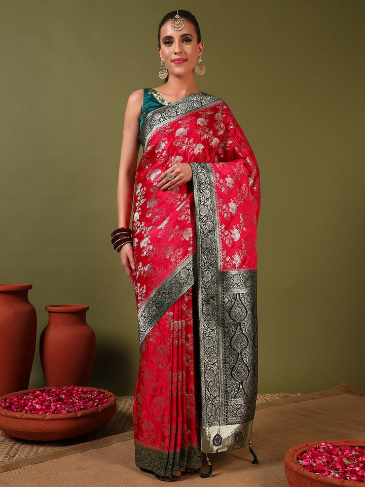 Banarasi Intricate Floral Motifs Zari Woven Traditional Handloom Satin Silk Saree