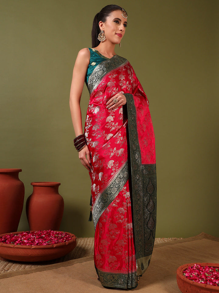 Banarasi Intricate Floral Motifs Zari Woven Traditional Handloom Satin Silk Saree