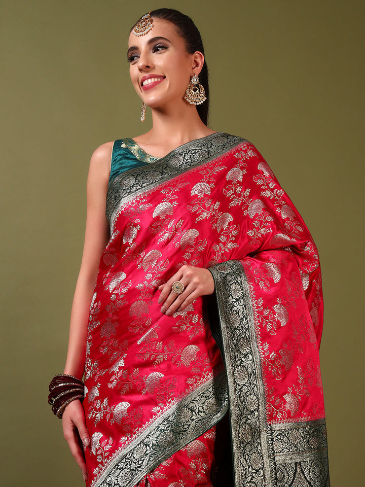 Banarasi Intricate Floral Motifs Zari Woven Traditional Handloom Satin Silk Saree