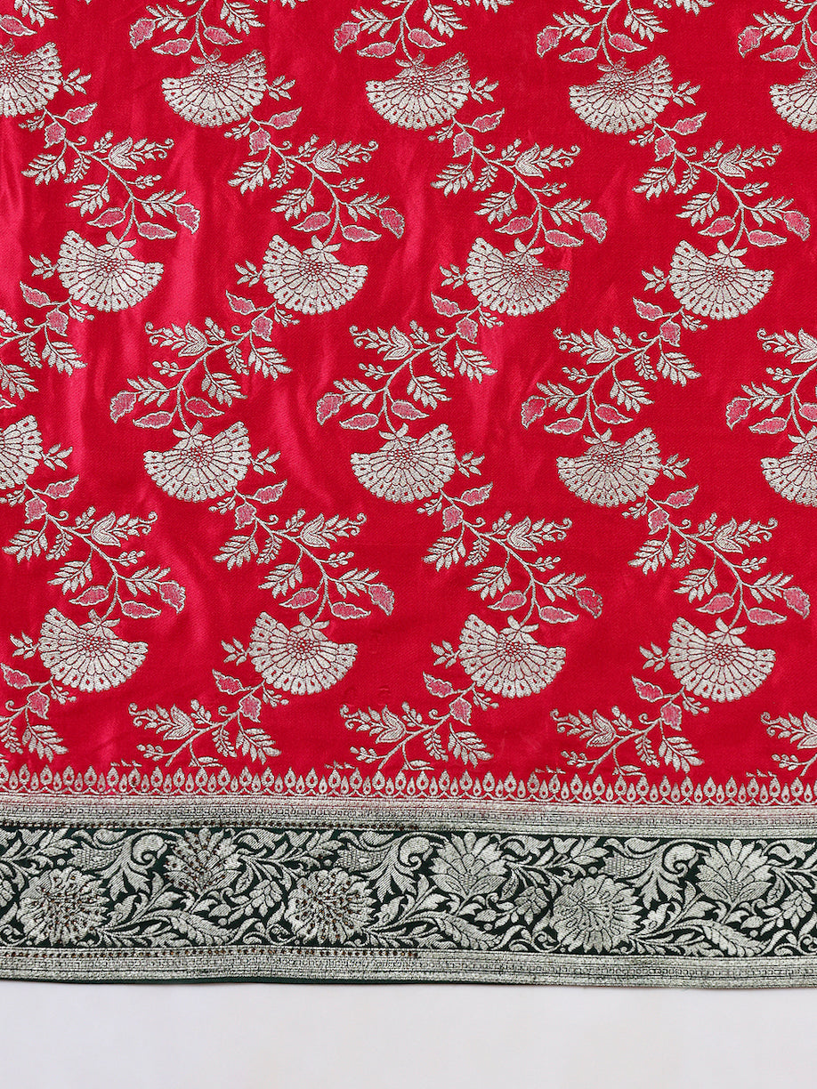 Banarasi Intricate Floral Motifs Zari Woven Traditional Handloom Satin Silk Saree